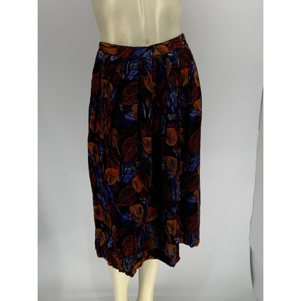 Kenzo Vintage Leaf Print Midi Skirt Orange Blue Black Elastic Waist Size M